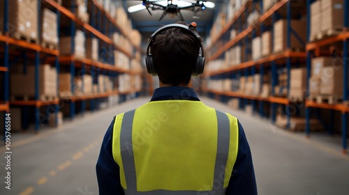 Warehouse worker monitoring drone amidst organized shelves and boxes