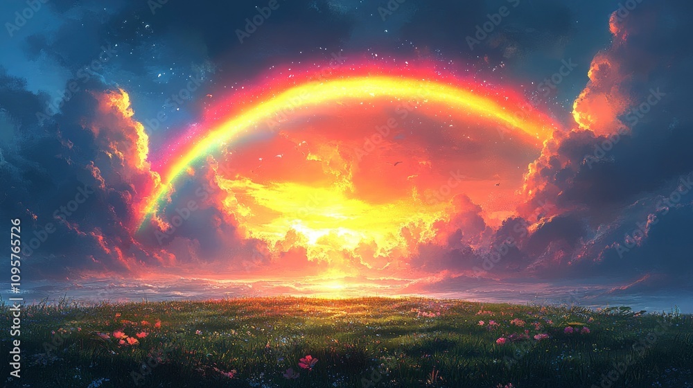 Vibrant sunset over a rainbow arching across a tranquil landscape Vibrant sunset over a rainbow arching across a tranquil landscape