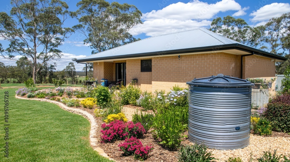 Beautiful home garden with water tank and colorful flowers in summer Beautiful home garden with water tank and colorful flowers in summer