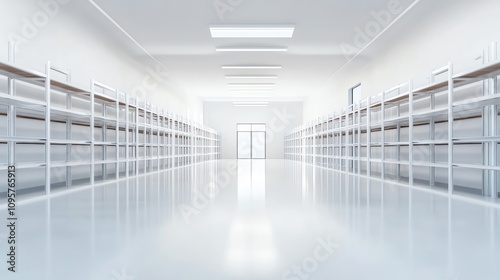 Empty hallway with white shelves and bright lighting, minimalist design.