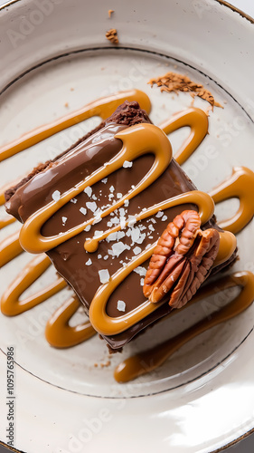 A chocolate brownie topped with caramel sauce, sea salt, and a pecan is presented on an off-white plate. The caramel is drizzled artistically.  The overall color palette is warm with browns and tans. photo