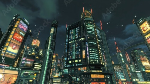 Anime-style futuristic city with towering buildings and neon lights illuminating the night photo
