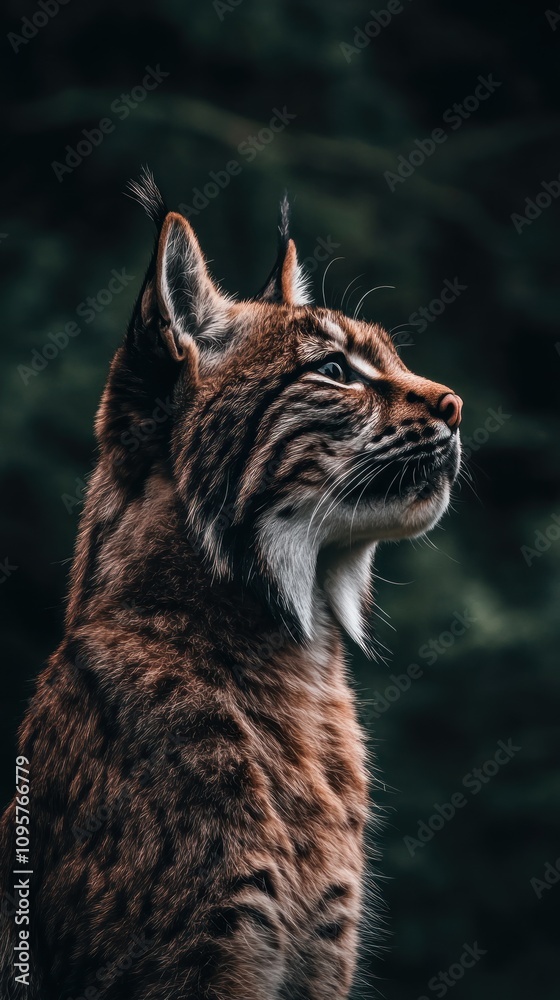 A majestic lynx with piercing blue eyes looks up towards the forest canopy. A majestic lynx with piercing blue eyes looks up towards the forest canopy.