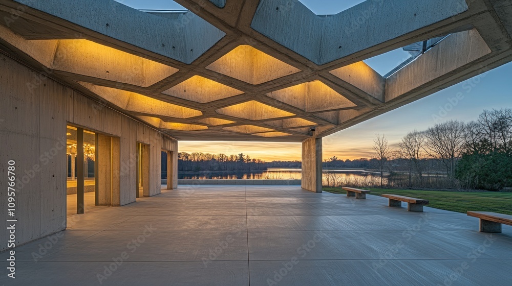 Modern concrete building with geometric ceiling overlooking a lake at sunset.