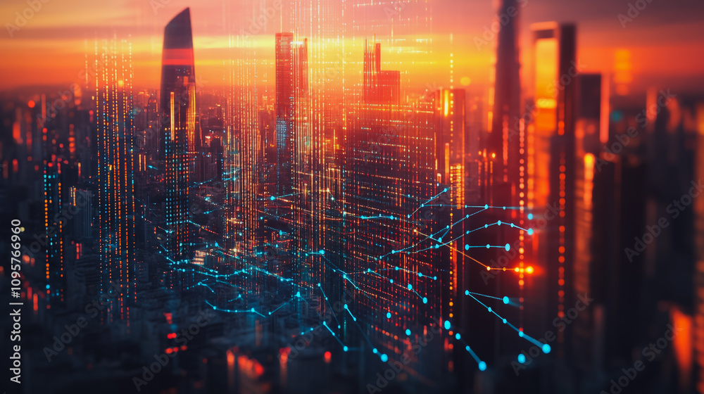 Smart digital city with connection Innovation network reciprocity over the sunset cityscape Concept of future wireless digital city and social media networking systems that connects business people Smart digital city with connection Innovation network reciprocity over the sunset cityscape Concept of future wireless digital city and social media networking systems that connects business people