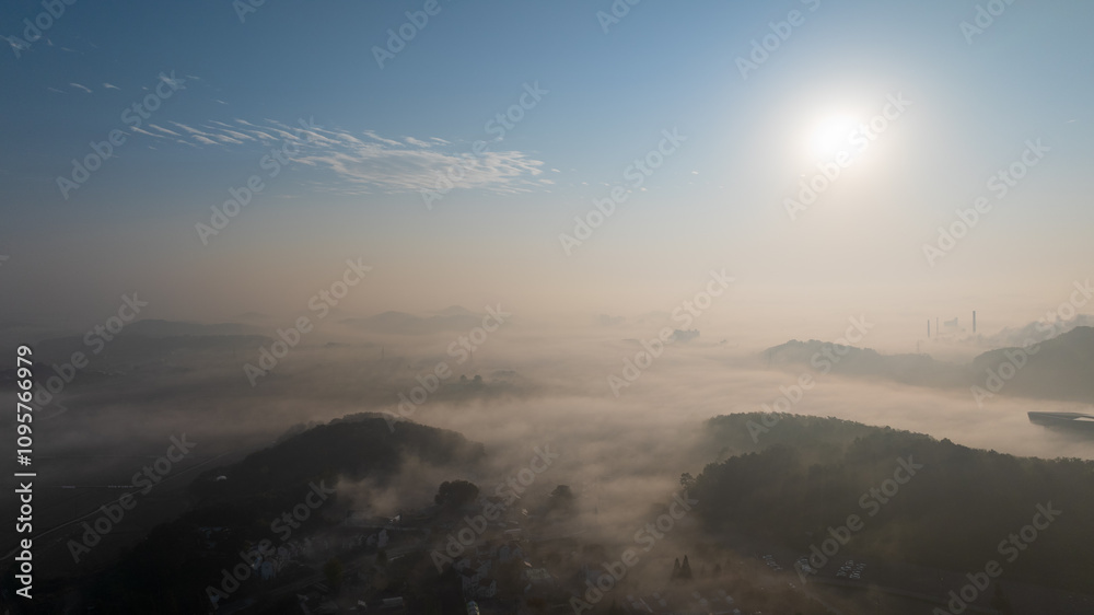Aerial View Foggy Forest sunshine pine tree fog beach
Aerial View Foggy Forest sunshine pine tree fog beach