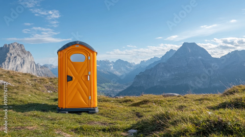 Portable toilet and camping toilet. A bright orange portable toilet stands alone in a mountainous landscape, showcasing a scenic view of rolling hills and peaks under a clear blue sky.