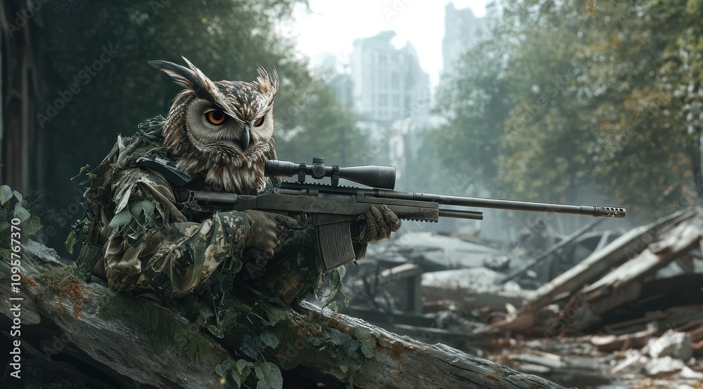 A camouflaged owl with a rifle, aiming at something in the distance, with a ruined city in the background. A camouflaged owl with a rifle, aiming at something in the distance, with a ruined city in the background.