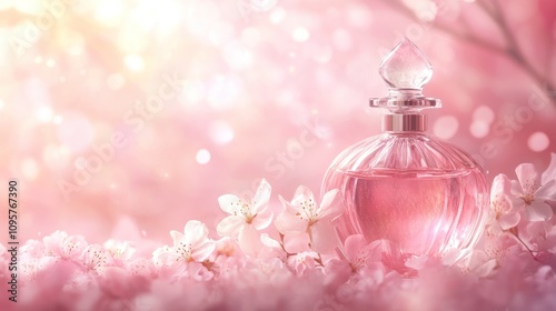 Pink perfume bottle with cherry blossoms.