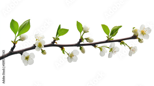 Delicate white cherry blossoms and fresh green leaves adorn a slender brown branch, symbolizing spring's arrival against a pristine white background.