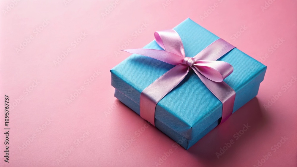 Close-up of blue gift box with ribbon on pink background, gift, present, box, ribbon, pink, background Close-up of blue gift box with ribbon on pink background, gift, present, box, ribbon, pink, background