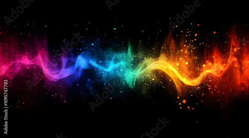 A vibrant, colorful soundwave design with dynamic movement and a dark background, showcasing a blend of rainbow hues and sparkling elements.