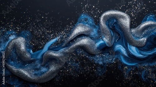 A sleek black backdrop with holographic silver smoke tendrils and shimmering glitter, mixing with cobalt blue acrylic paint swirling underwater. photo