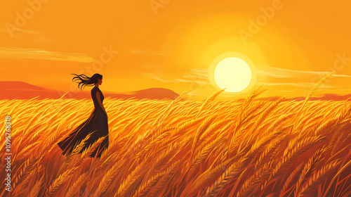 Woman in a dress standing in a wheat field during sunset. Sunlit Wheat Field. Illustration