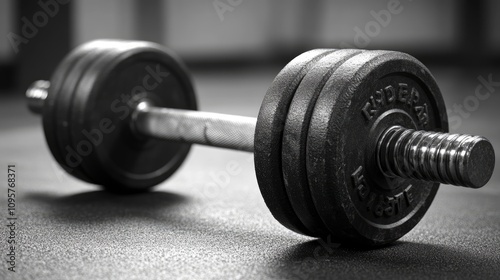 Close-up of a black dumbbell on a gym floor