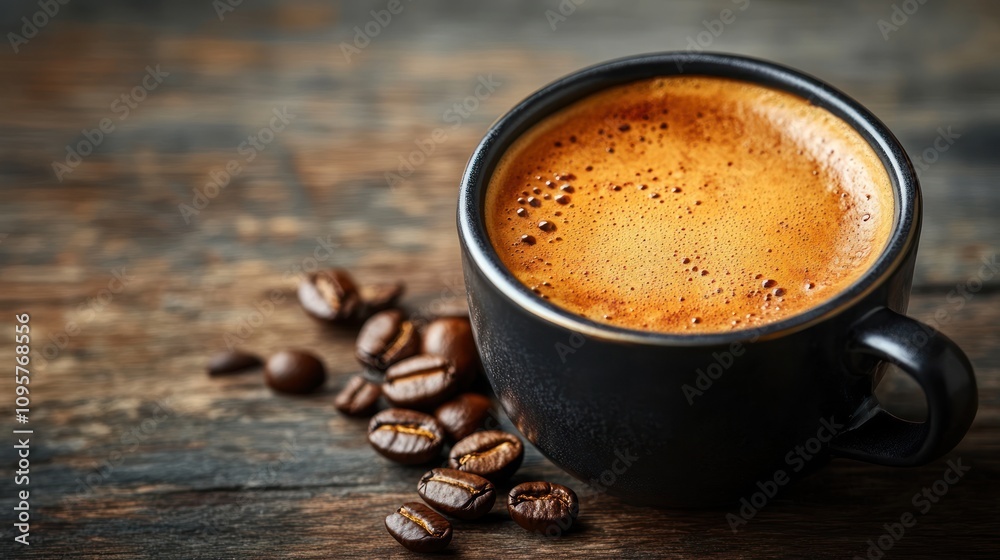A steaming cup of coffee with scattered coffee beans on a rustic wooden surface. A steaming cup of coffee with scattered coffee beans on a rustic wooden surface.