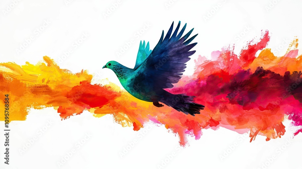 Obraz premium freedom movement and authentic, A vibrant watercolor illustration of a bird in flight, surrounded by colorful splashes of orange, yellow, and pink.