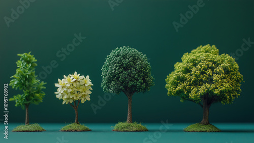 Miniature tree models showcase diverse foliage types, from delicate flowers to lush greenery, arranged in a row against a deep green background.