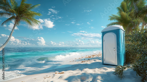 Fototapeta Naklejka Na Ścianę i Meble -  Portable toilet and camping toilet. A serene beach scene featuring a blue portable restroom beside palm trees and gentle ocean waves under a clear sky.