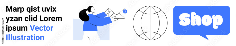 Person holding an envelope, a globe icon, and a speech bubble with Shop text. Ideal for digital communication, global reach, e-commerce, messaging, and online business promotion. Banner for landing Person holding an envelope, a globe icon, and a speech bubble with Shop text. Ideal for digital communication, global reach, e-commerce, messaging, and online business promotion. Banner for landing