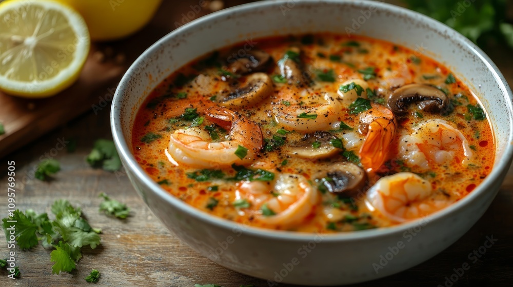 Creamy shrimp soup with mushrooms and lemon in a bowl. Creamy shrimp soup with mushrooms and lemon in a bowl.