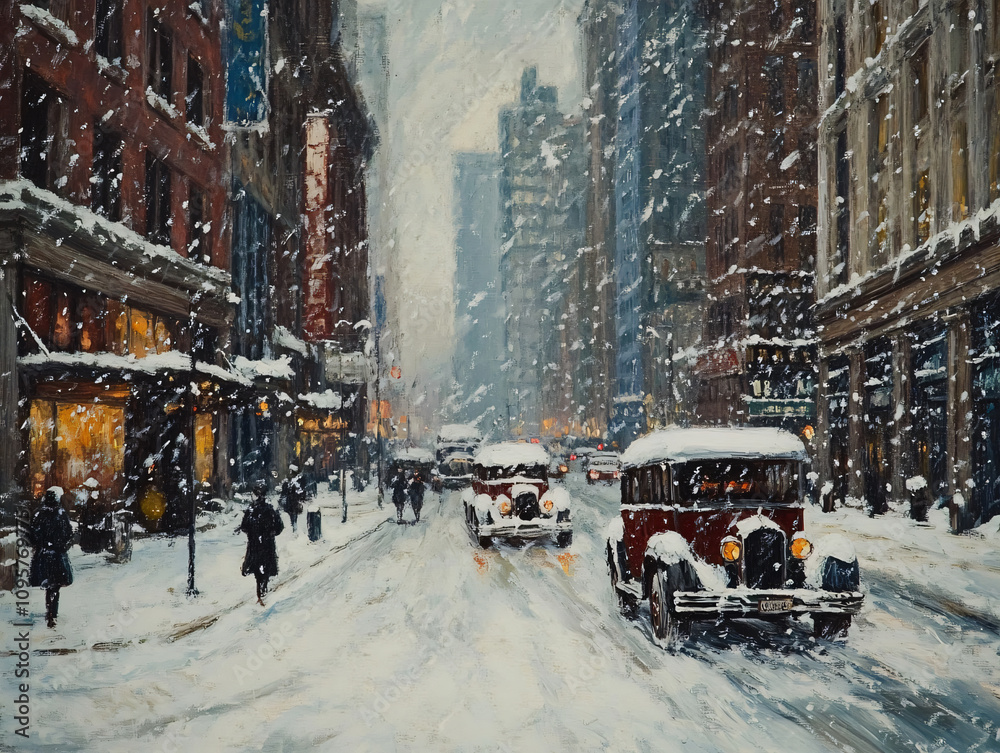 Naklejka premium city street during snowstorm with snow covered cars and pedestrians. scene captures beauty and tranquility of winter, showcasing vintage vehicles and bustling atmosphere