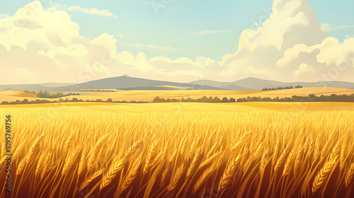 Golden sunlit wheat field background endless wheat fields glowing under the golden sun. endless golden fields. illustration. Sunlit Wheat Field. Illustration