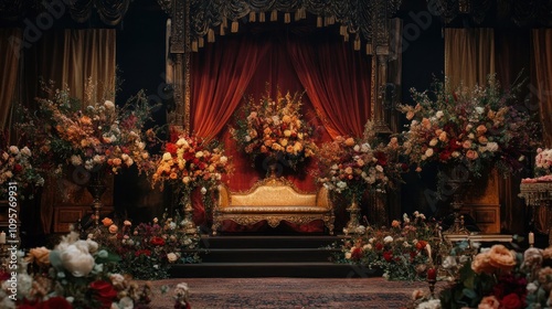 Ornate bridal stage, dark and light contrasts, heavy floral arrangements, regal golden decor