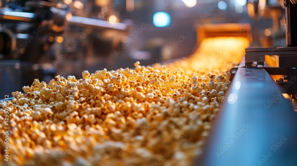 A conveyor belt transporting freshly popped popcorn in a factory setting. A conveyor belt transporting freshly popped popcorn in a factory setting.
