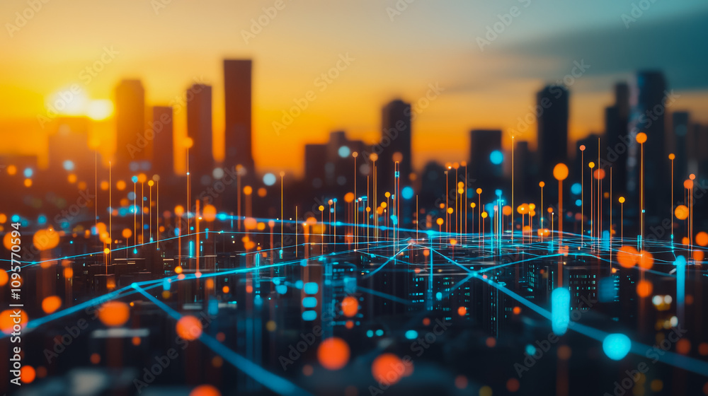 Obraz premium Smart digital city with connection Innovation network reciprocity over the sunset cityscape Concept of future wireless digital city and social media networking systems that connects business people