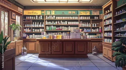 Sunlit Vintage Apothecary: Digital Painting of a Charming Herb Shop Interior. AI Generated