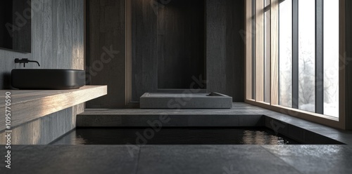 Minimalist bathroom with a sunken bathtub, wooden walls, and a large window.