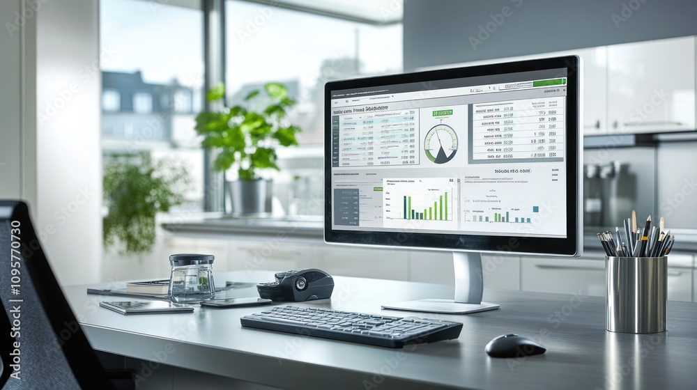 Modern office desk with computer displaying data analysis. Modern office desk with computer displaying data analysis.