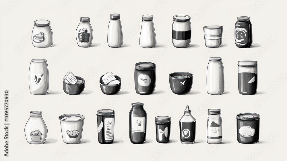 Monochrome food containers. Monochrome food containers.