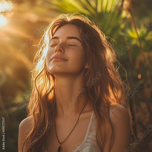 Young woman enjoying sunlight in nature relaxation scene outdoor environment positive vibes portrait viewpoint
