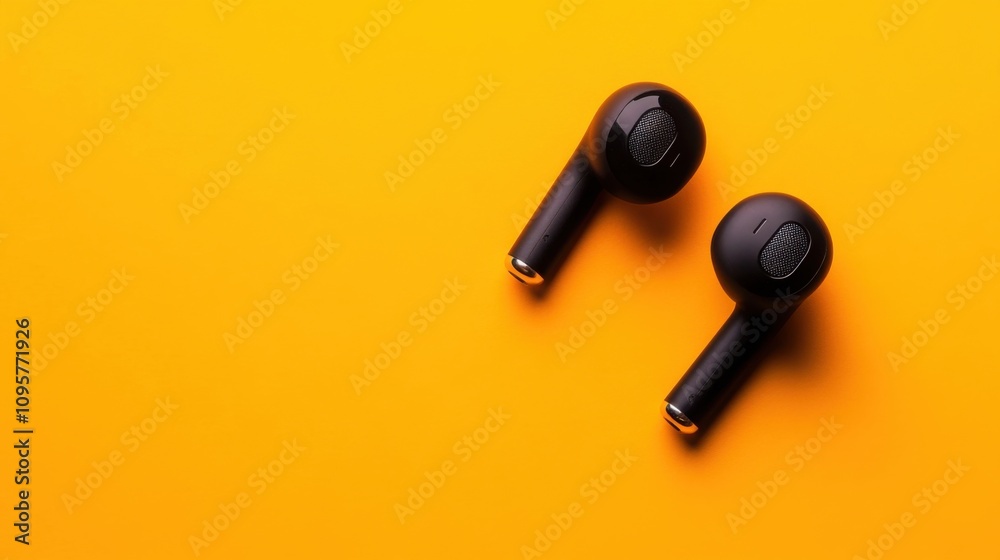 Bluetooth earbuds isolated on an orange background Bluetooth earbuds isolated on an orange background