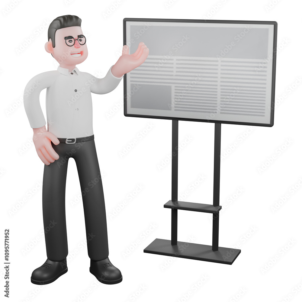 Movie Producer Cartoon. A male producer stands next to a whiteboard with his left palm open, as if explaining. Cartoon 3D Model Movie Producer Cartoon. A male producer stands next to a whiteboard with his left palm open, as if explaining. Cartoon 3D Model