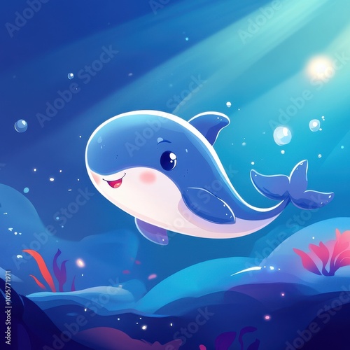 A cute cartoon dolphin swims in the ocean, surrounded by colorful coral reefs. photo