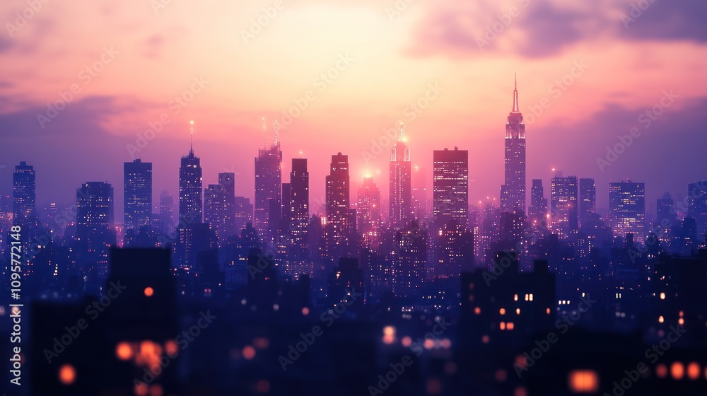 Obraz premium A vibrant city skyline at sunset, showcasing skyscrapers and glowing lights.