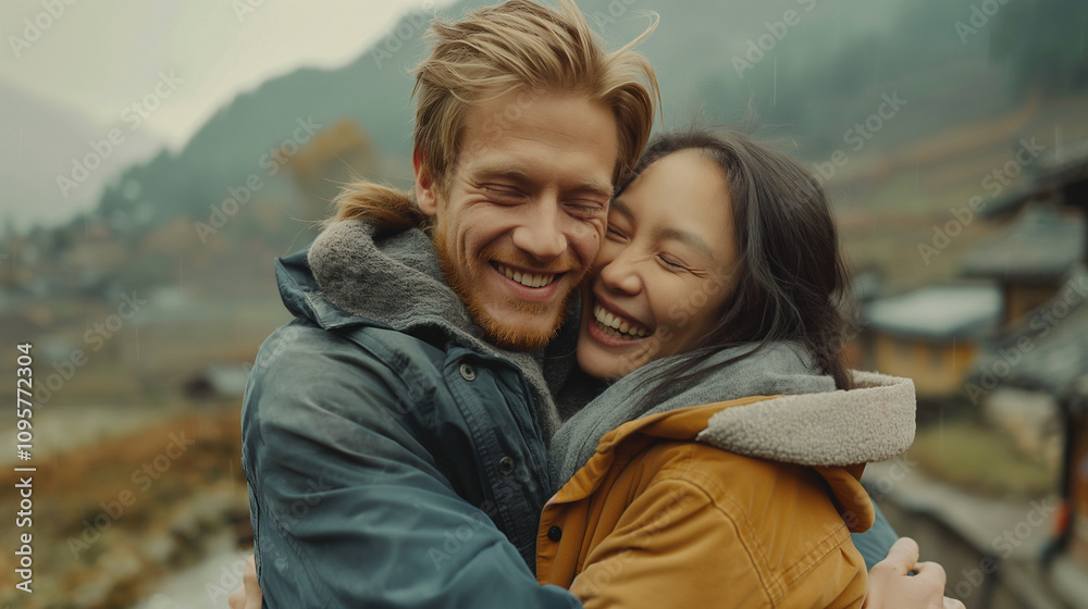 Caucasian man and Asian woman hugging joyfully outdoors. Caucasian man and Asian woman hugging joyfully outdoors.