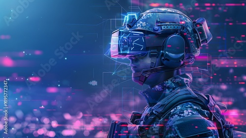 A soldier wearing a futuristic VR headset stands against a backdrop of glowing blue and pink lights.