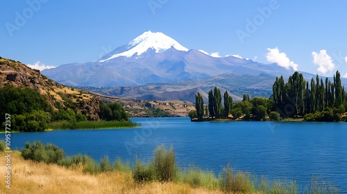 Majestic Mount Ararat: A Stunning View from Lake Yerevan, Armenia. AI Generated