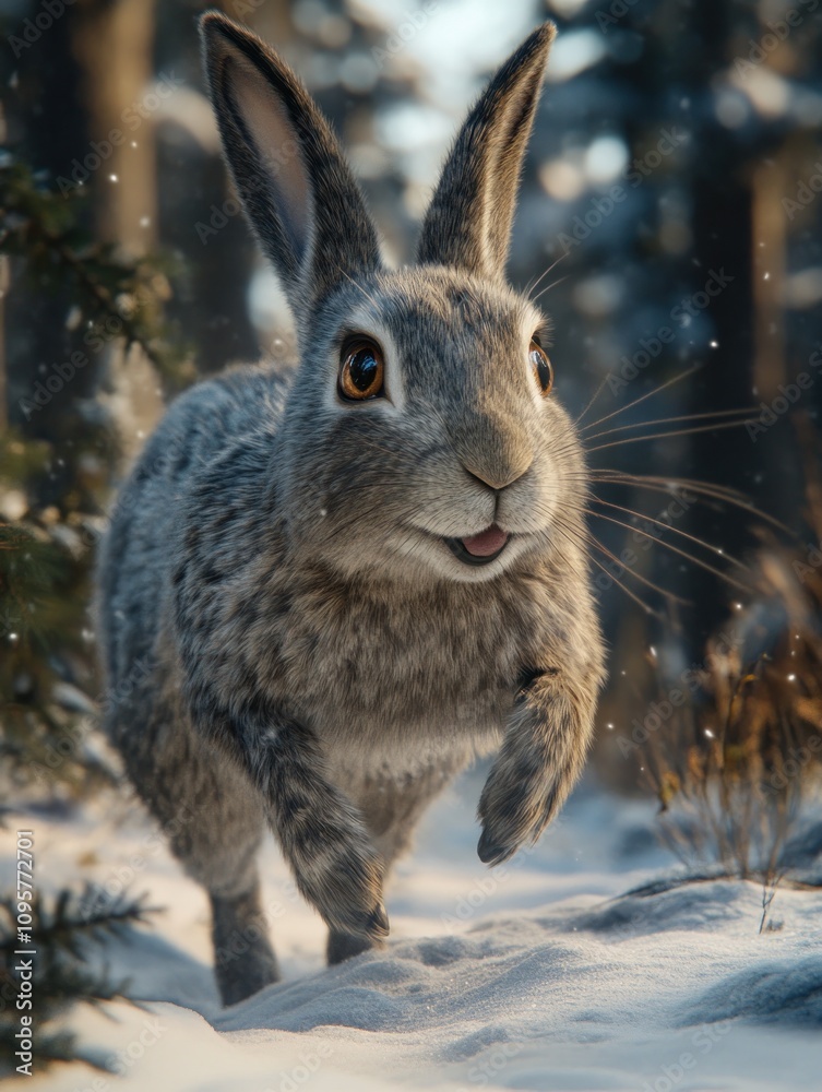 A cute bunny rabbit running through a snowy forest. A cute bunny rabbit running through a snowy forest.