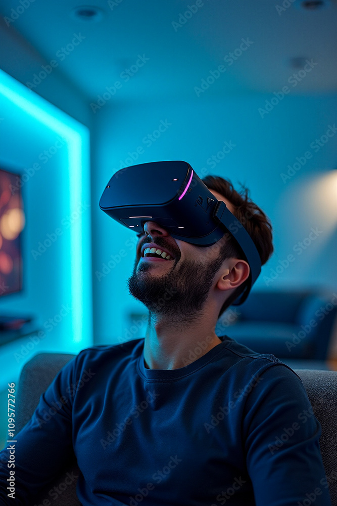 A man enjoying the experience of a virtual reality headset A man enjoying the experience of a virtual reality headset
