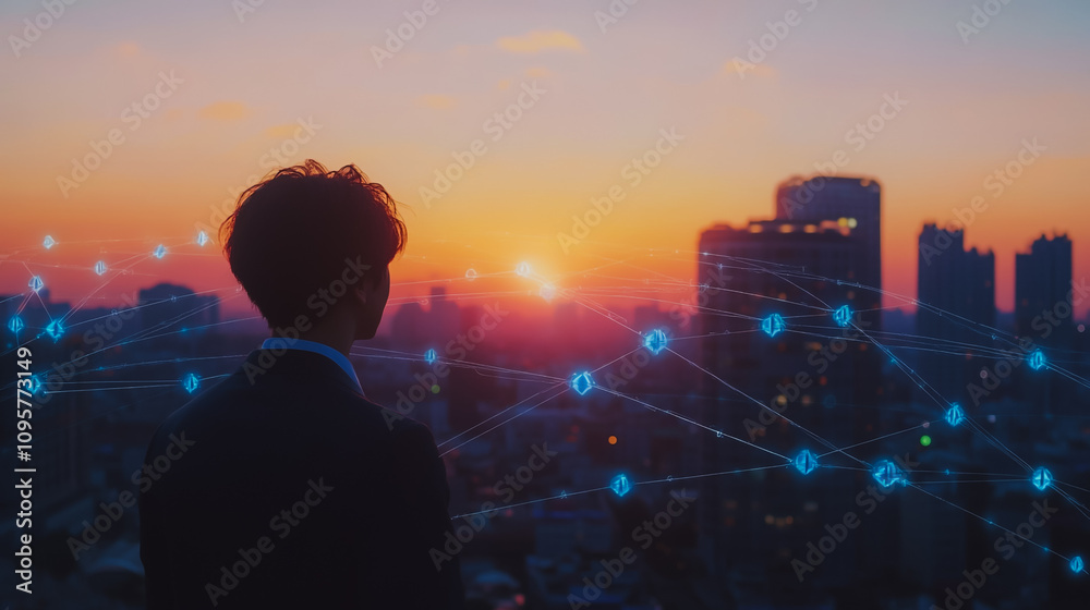 Fototapeta premium Smart digital city with connection Innovation network reciprocity over the sunset cityscape Concept of future wireless digital city and social media networking systems that connects business people