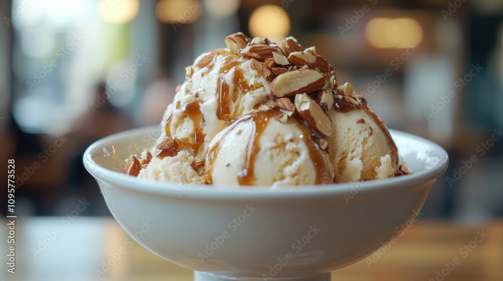 A bowl of ice cream topped with nuts and caramel sauce, inviting and delicious. A bowl of ice cream topped with nuts and caramel sauce, inviting and delicious.