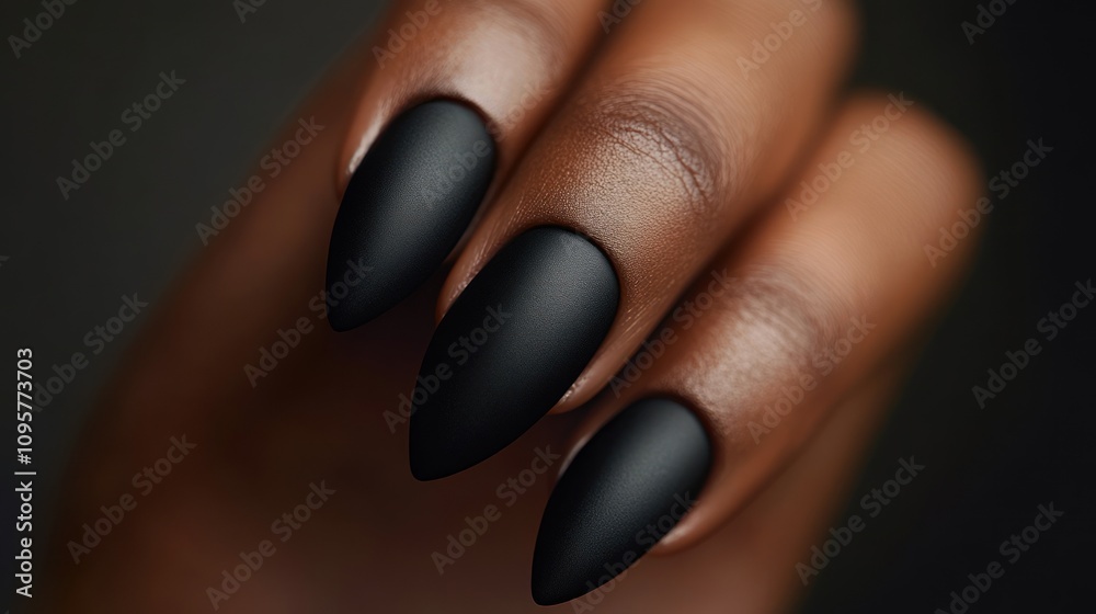 A close-up of a hand showing matte black elongated nails against a dark background. A close-up of a hand showing matte black elongated nails against a dark background.