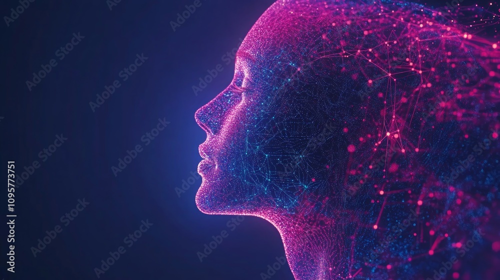 Profile of a woman's face, rendered in glowing particles and lines, against a dark background. Profile of a woman's face, rendered in glowing particles and lines, against a dark background.