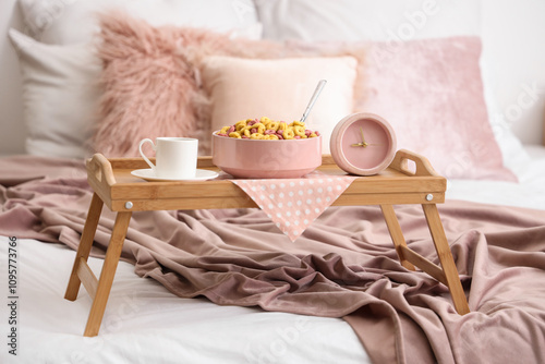 Tray with breakfast and pin...