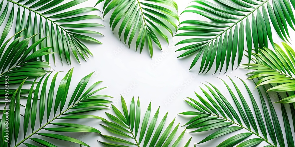 Lush Green Palm Fronds Arranged in a Frame on a White Background, Ideal for Tropical Themed Designs or Summer Promotions Lush Green Palm Fronds Arranged in a Frame on a White Background, Ideal for Tropical Themed Designs or Summer Promotions